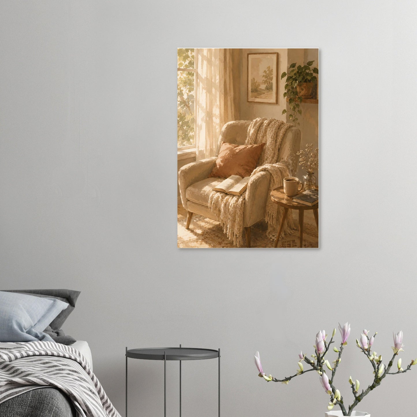 Scandinavian slow living poster styled in calm minimalist bedroom with soft neutral decor