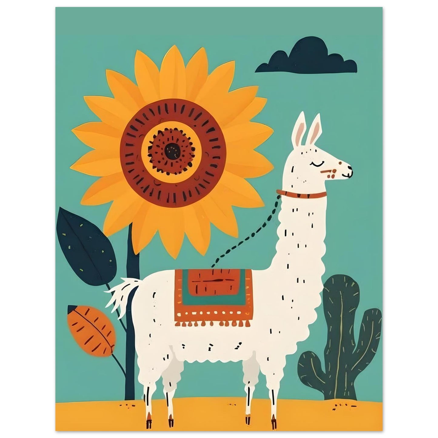 Illustration of a llama and sunflower on a teal background