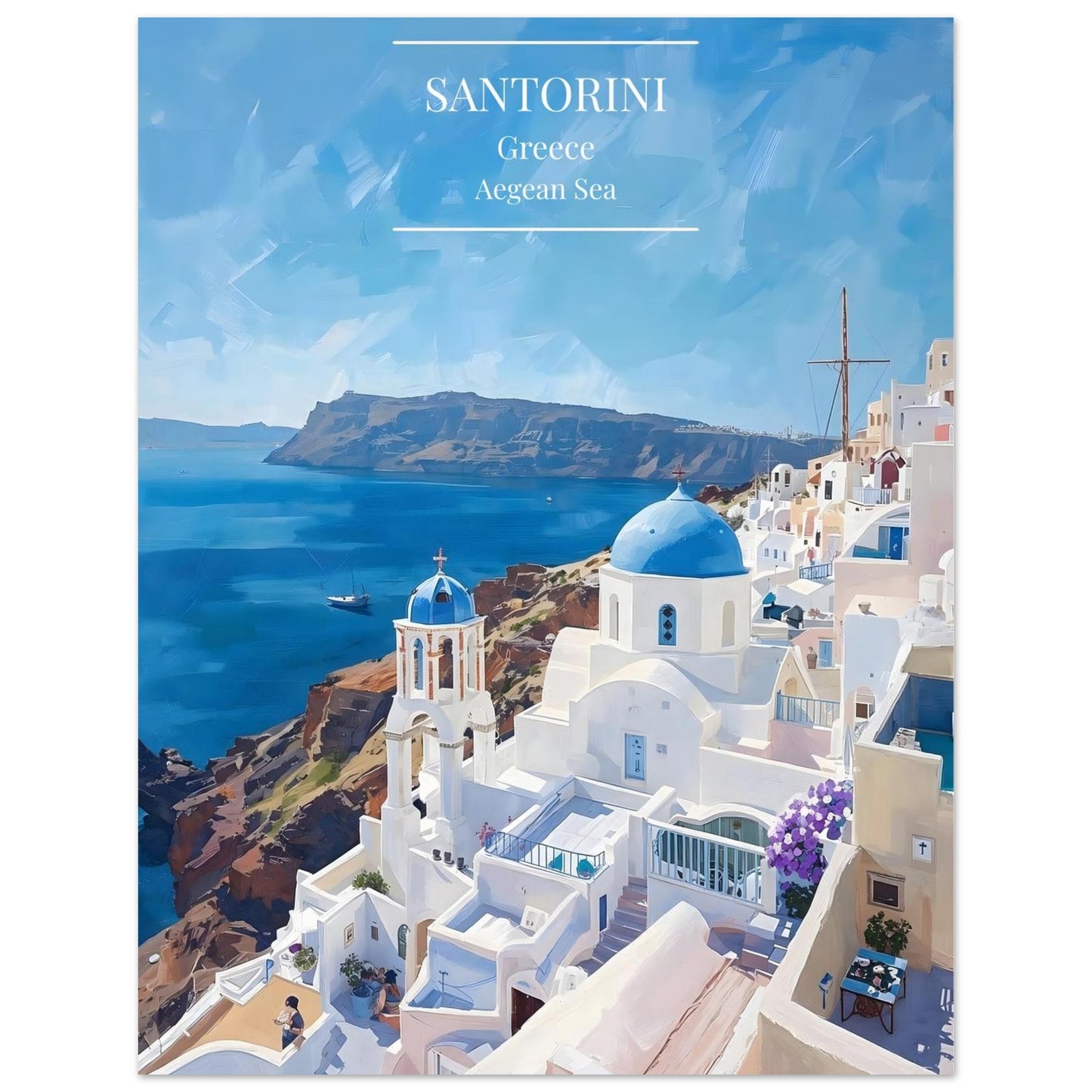Santorini, Greece with iconic white buildings and blue domes by the Aegean Sea.
