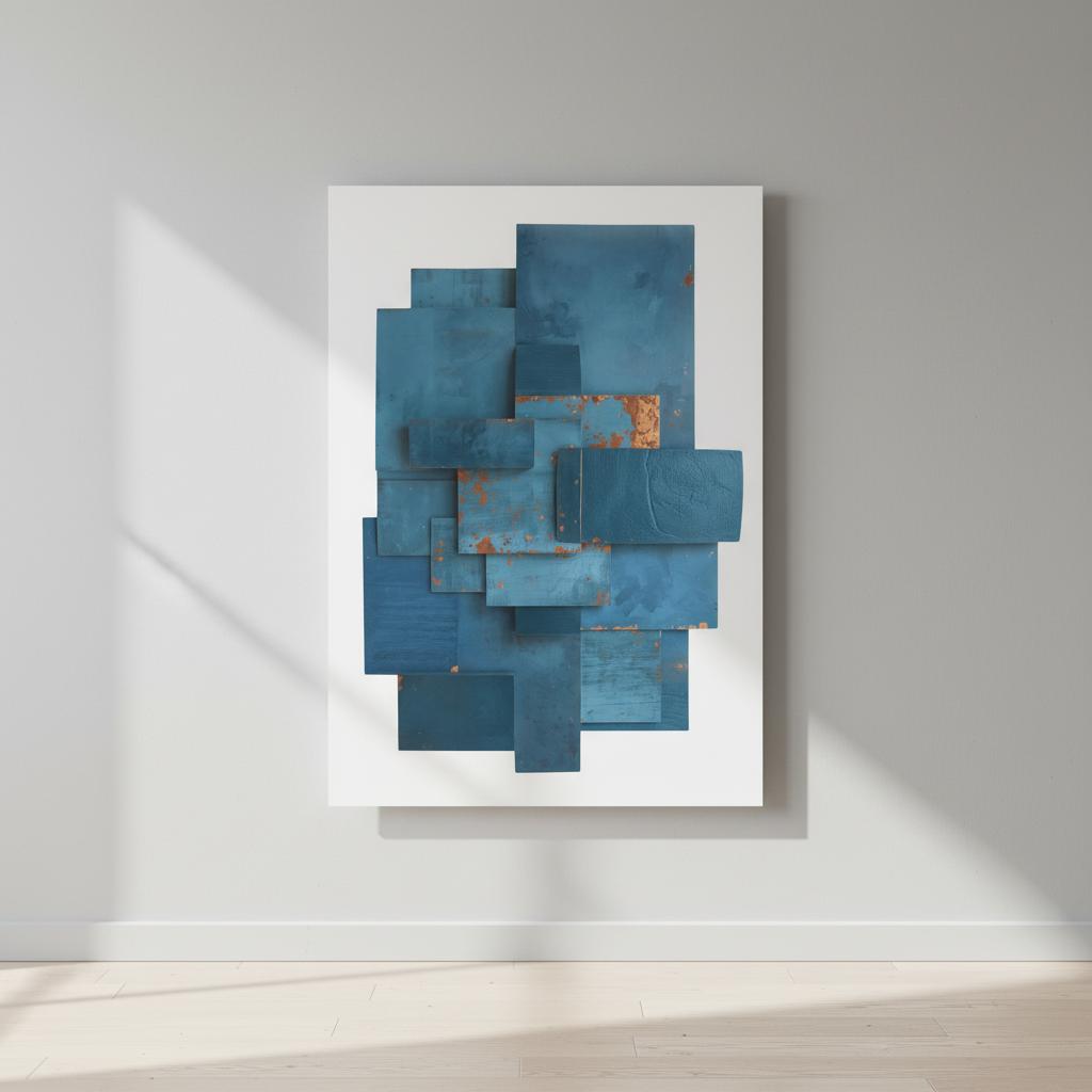Abstract art piece with blue and brown geometric shapes on a white background