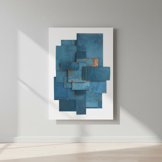 Abstract art piece with blue and brown geometric shapes on a white background