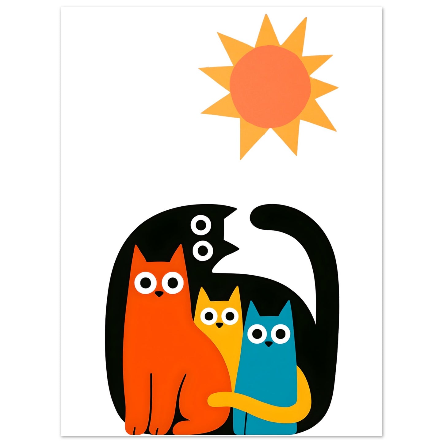 Three cartoon cats in a black square with a sun above on a white background