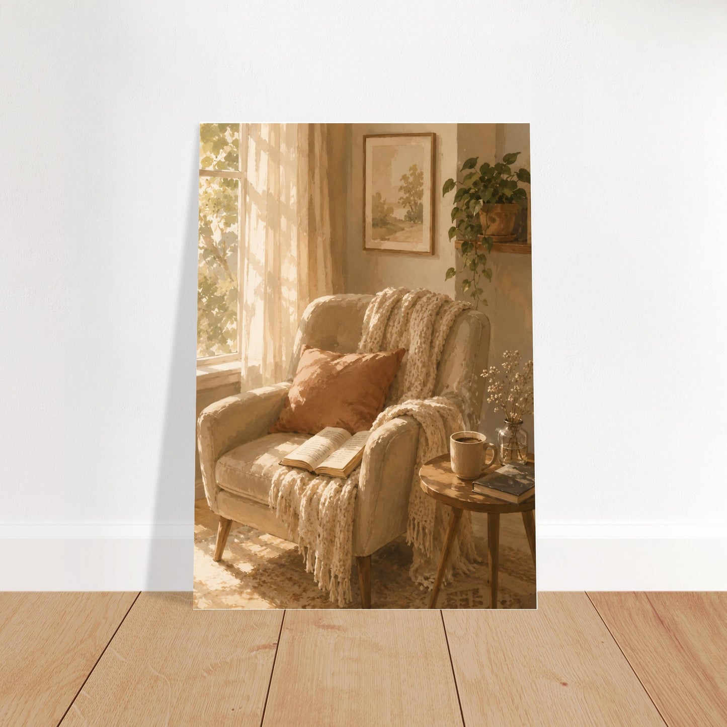Cozy armchair watercolor print displayed in minimalist neutral interior with soft natural lighting