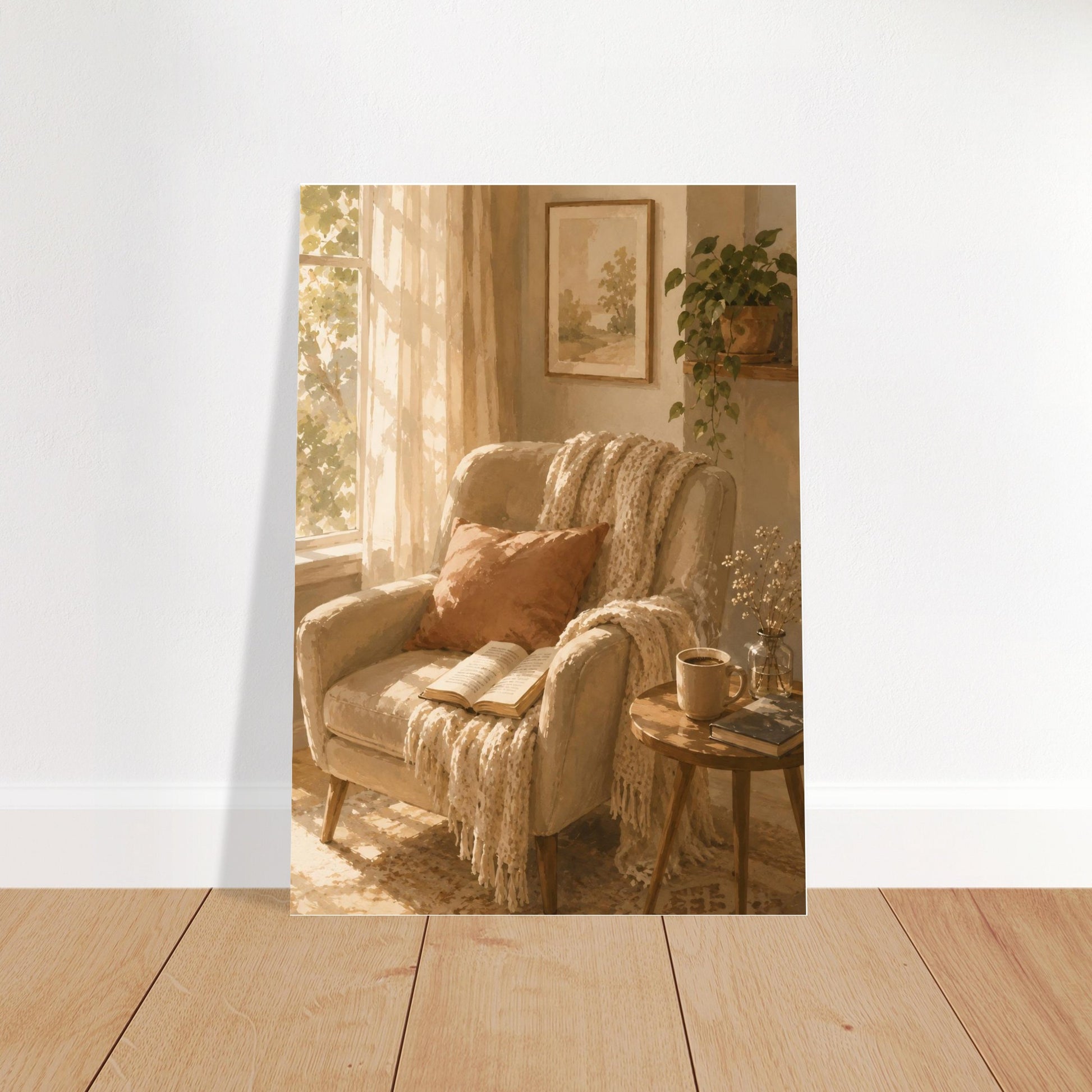 Cozy armchair watercolor print displayed in minimalist neutral interior with soft natural lighting
