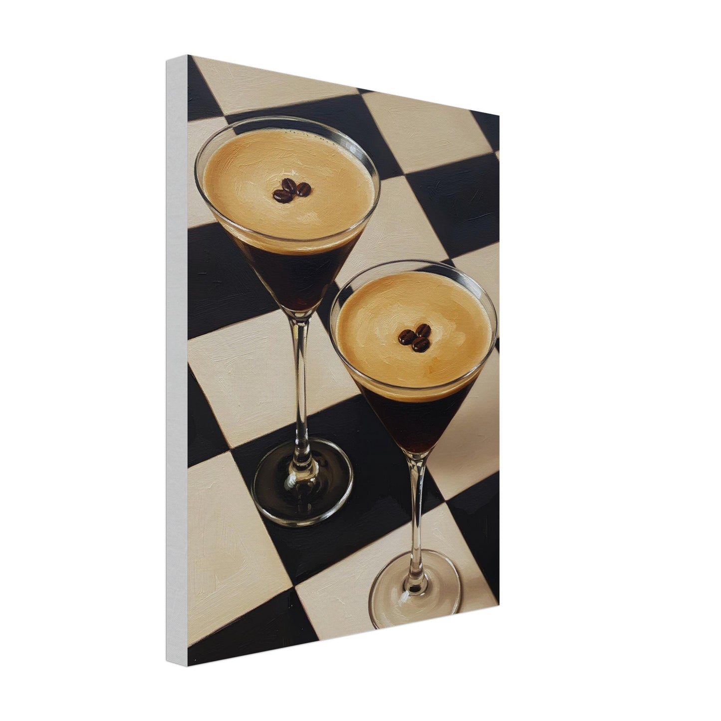Espresso Martini canvas artwork featuring two classic cocktails against a geometric checkerboard design.