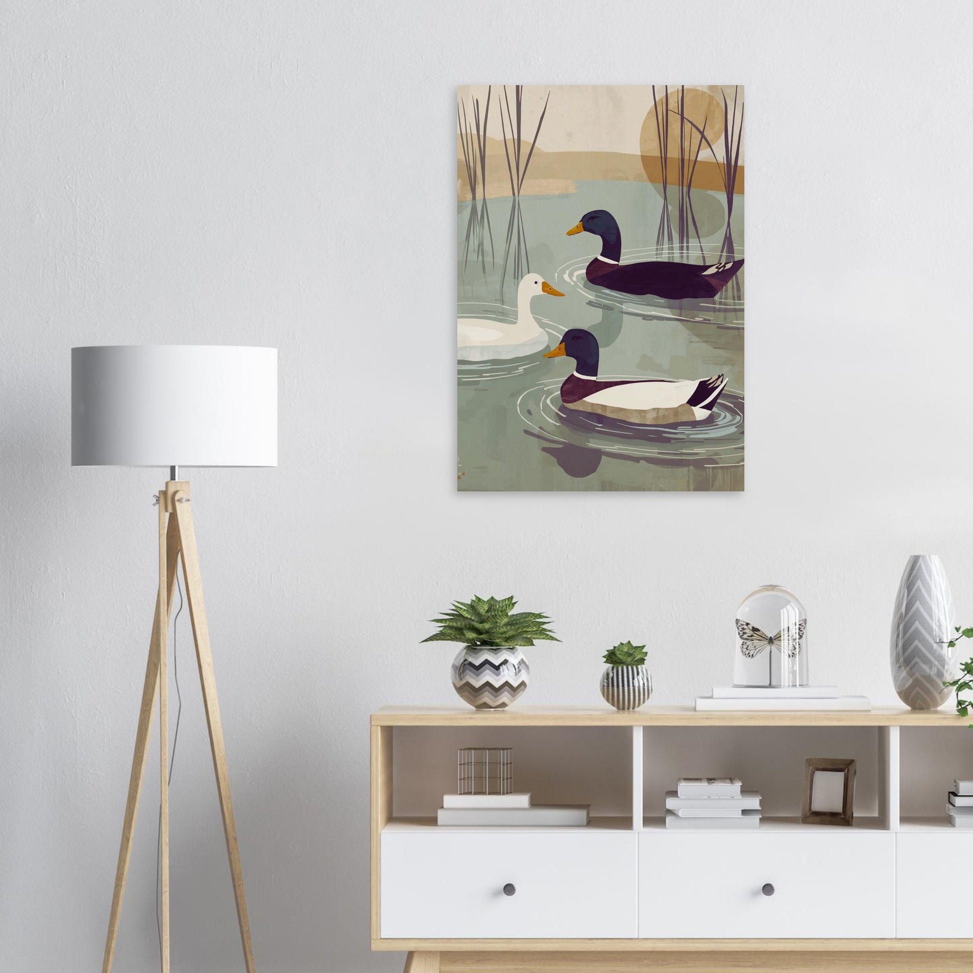 Canvas print of ducks on a lake in a modern living room setting.