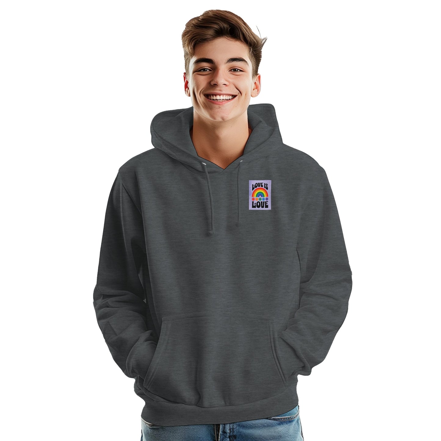 Person wearing a gray hoodie with a colorful patch on a white background