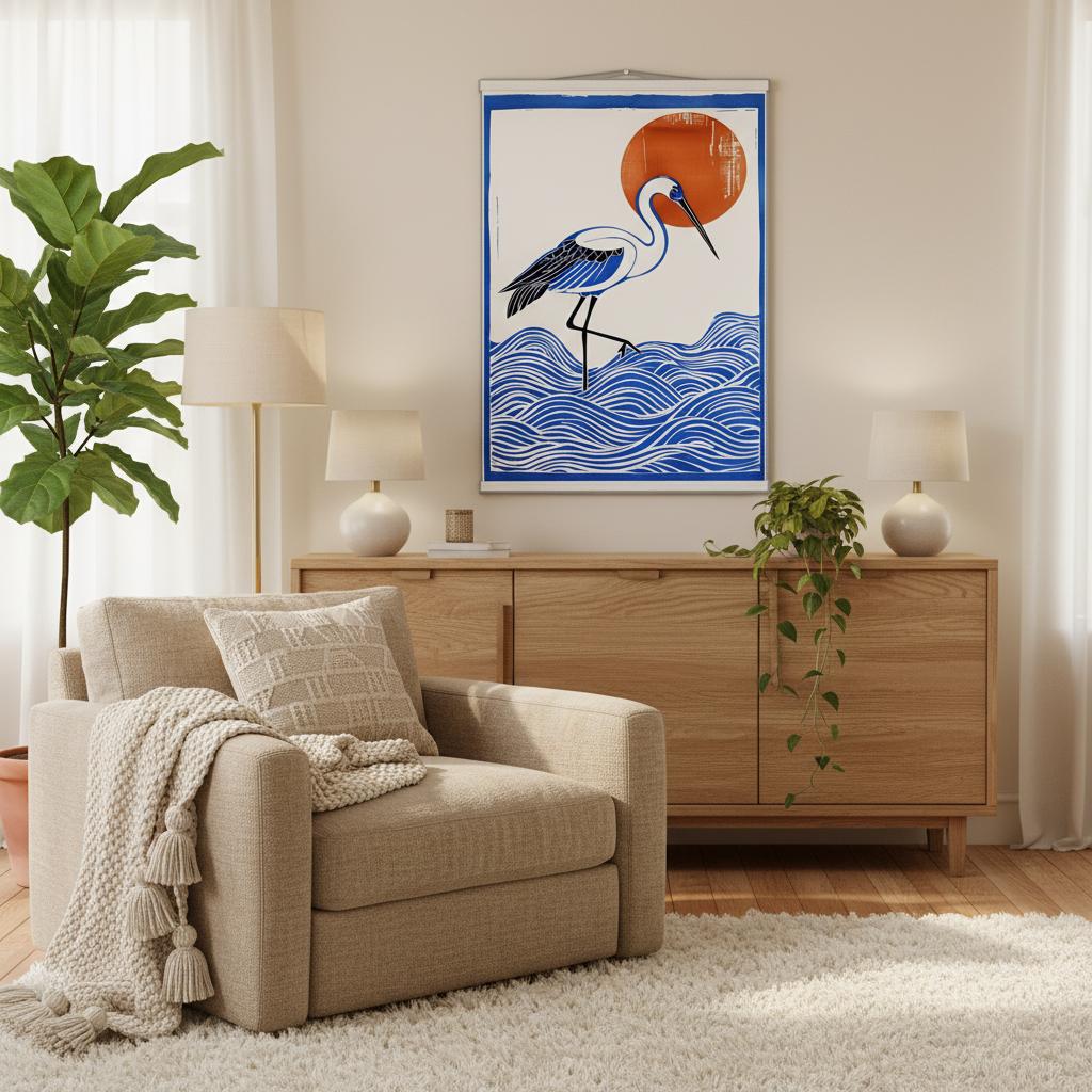 Decorative wall poster with a crane in the sea and sun design in a Living room with beige armchair, wooden sideboard, and decorative wall art.