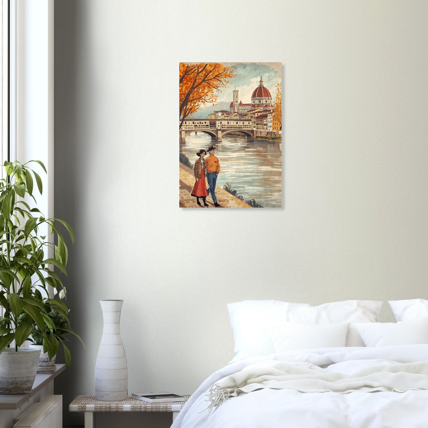 Florence folk art wall print featuring a couple walking beside the Arno River with the Duomo skyline in warm autumn tones