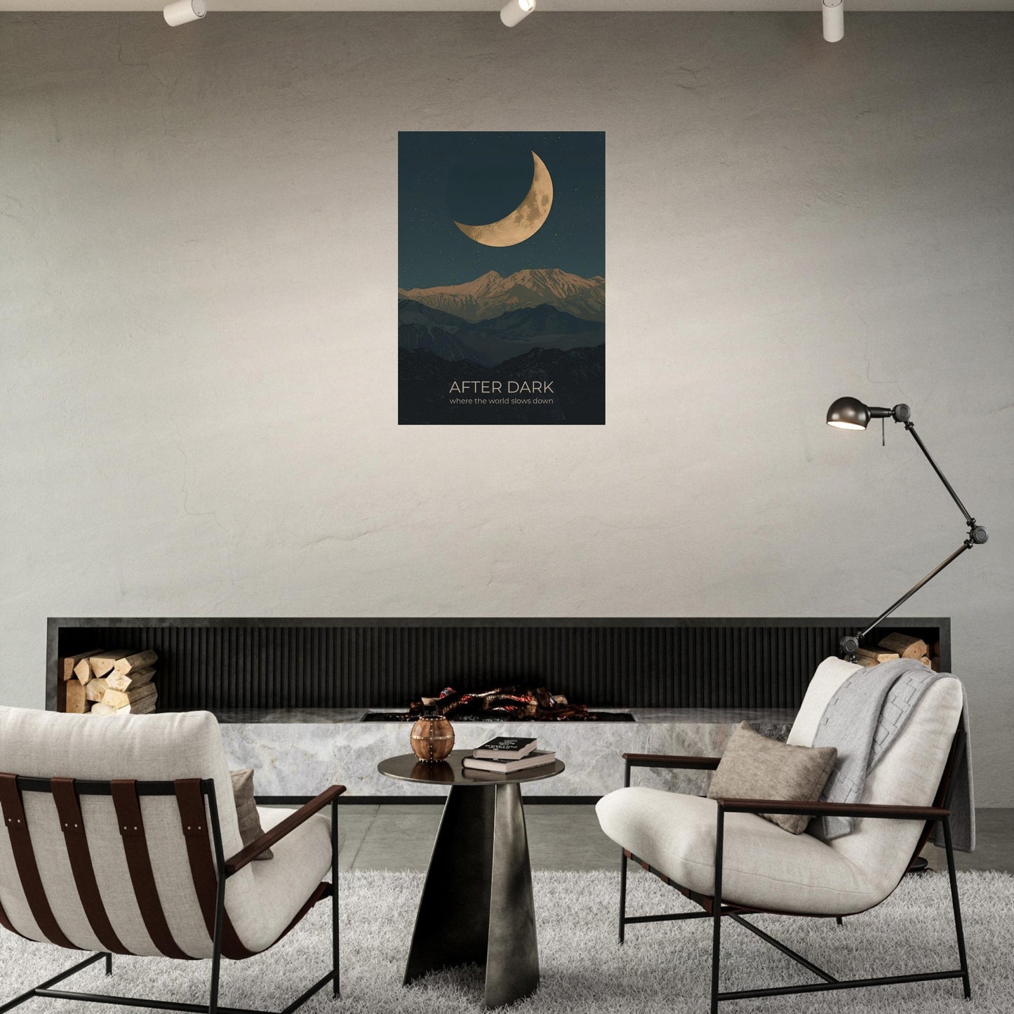 Moon wall art displayed in a stylish living room with modern furnishings, featuring a dramatic crescent moon and atmospheric mountain scene.