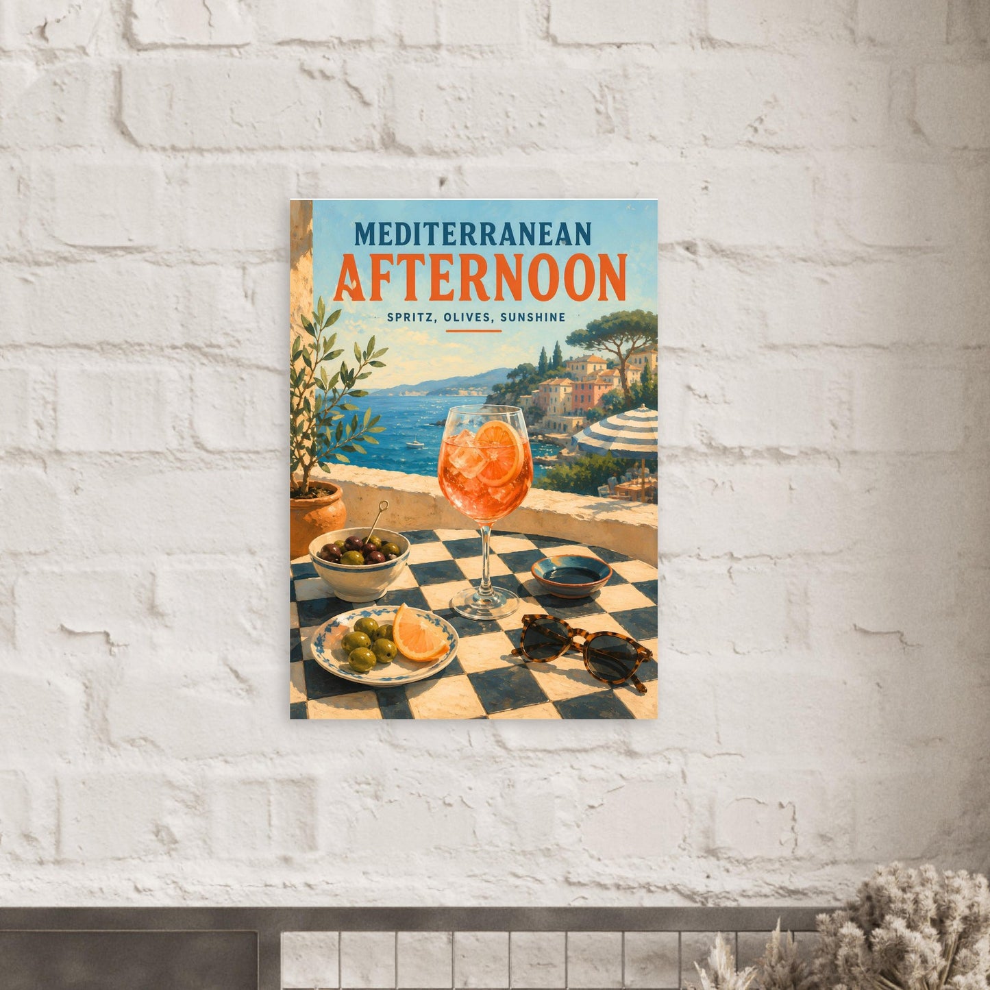 Mediterranean Afternoon artwork displayed on a white brick wall in a minimalist interior