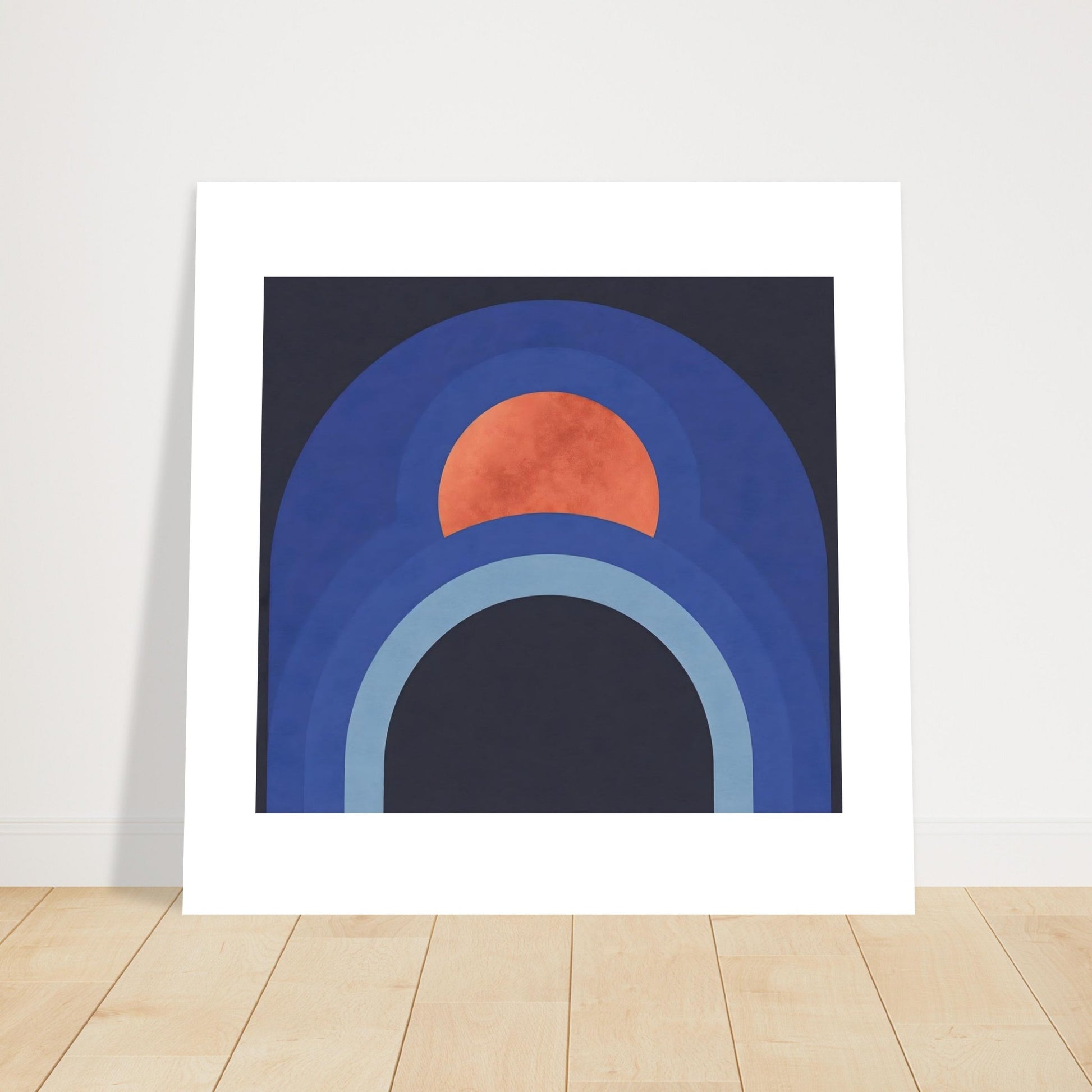 Mid century modern abstract blue arch wall art print with terracotta sun on navy background