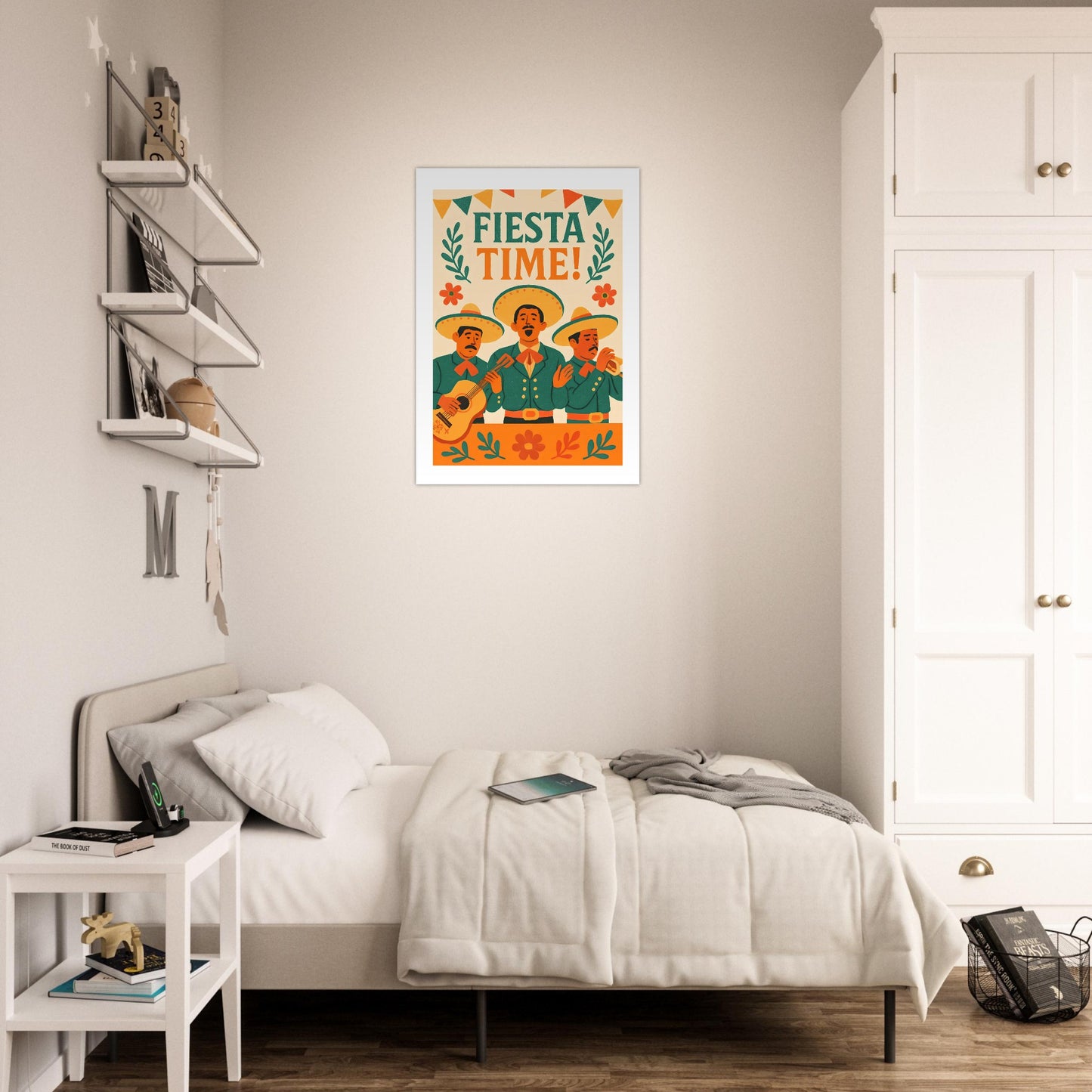 Bedroom with 'Fiesta Time!' poster on the wall