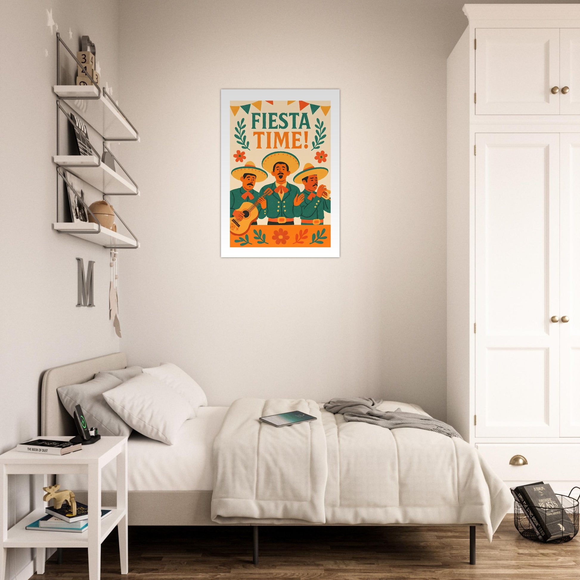 Bedroom with 'Fiesta Time!' poster on the wall