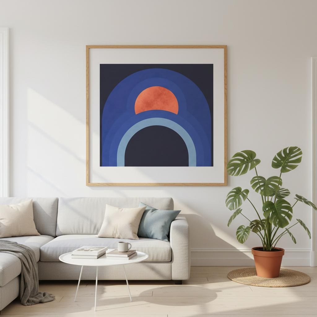 Modern abstract navy and cobalt wall art styled above neutral sofa in living room