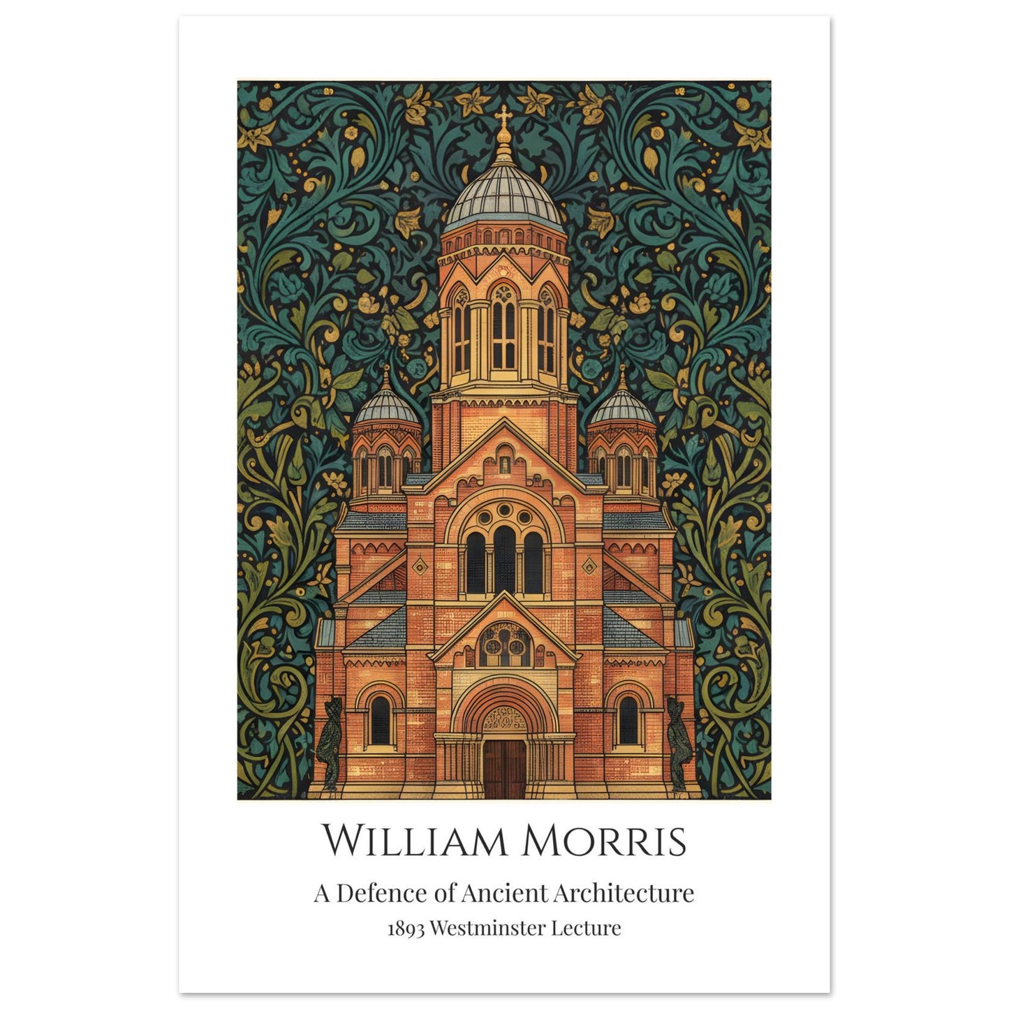 A William Morris style art print of Westminster Cathedral featuring a Neo-Byzantine architectural facade in gold and brick tones. The building is surrounded by an intricate, dense teal and dark green botanical pattern. The bottom features a clean white border with the text: William Morris, A Defence of Ancient Architecture, 1893 Westminster Lecture