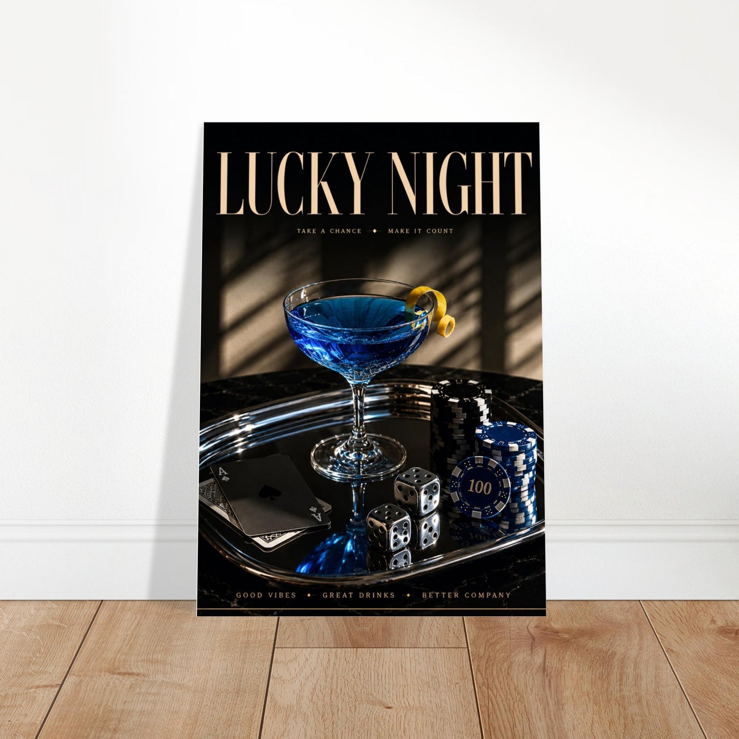 LUCKY NIGHT blue daiquiri poster mockup styled in clean modern interior with wood flooring