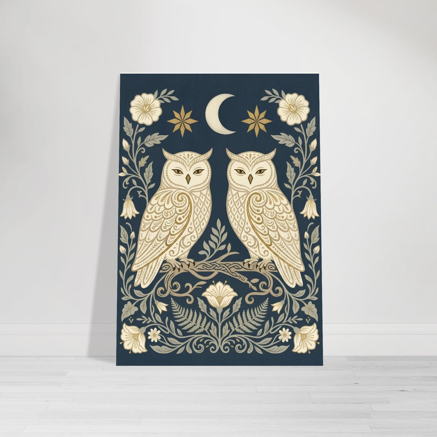 Owls & Moonflowers Scandinavian owl artwork displayed leaning against a wall, showcasing detailed botanical and celestial folk art elements.