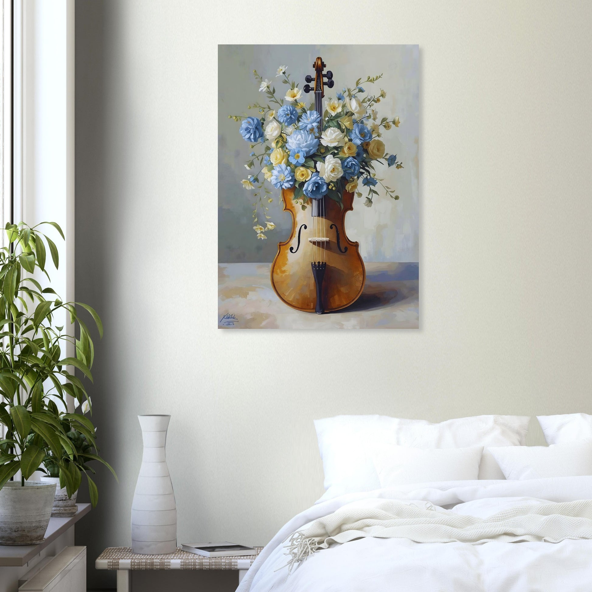 Painting of a violin with flowers on a wall above a bed
