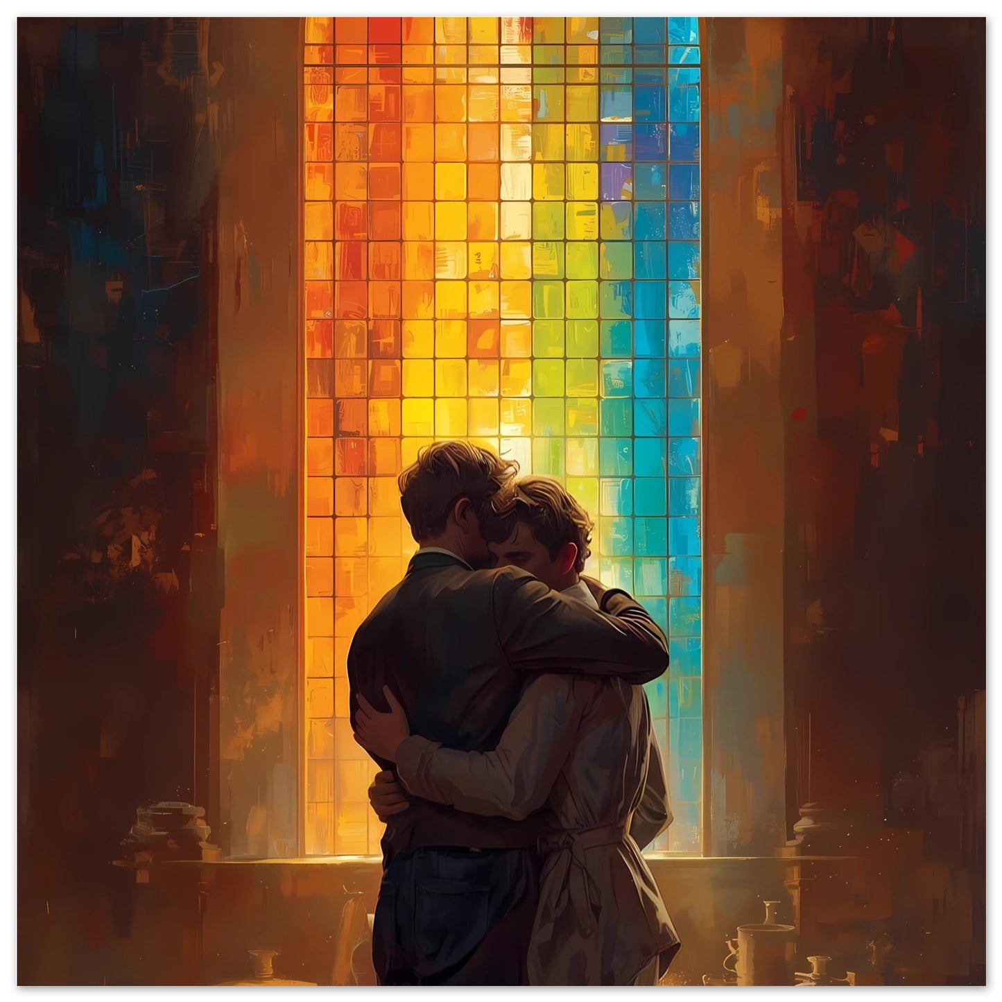 Two people embracing in front of a colorful stained glass window