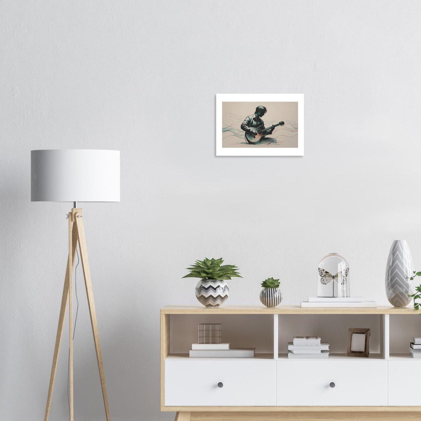 Modern interior with a floor lamp, decorative items on a shelf, and a framed picture on the wall.