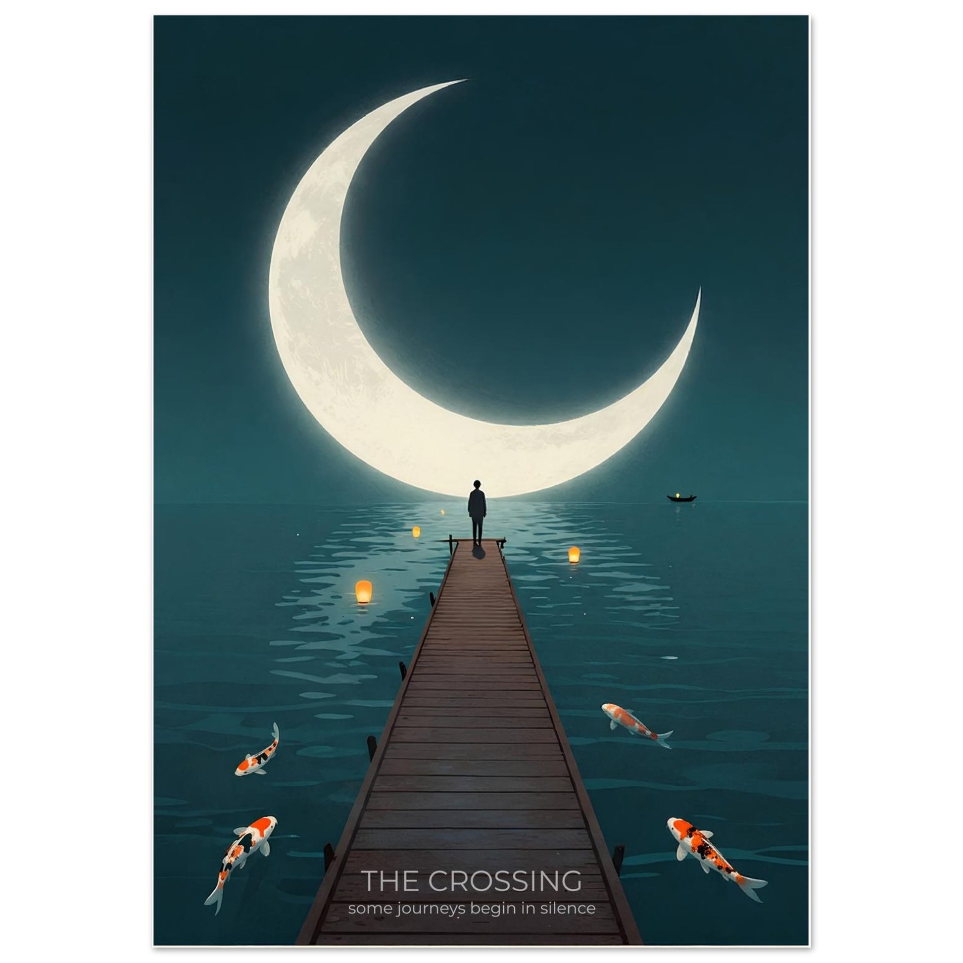 Close-up of The Crossing poster featuring a wooden pier leading toward a giant crescent moon over tranquil water with koi fish below.