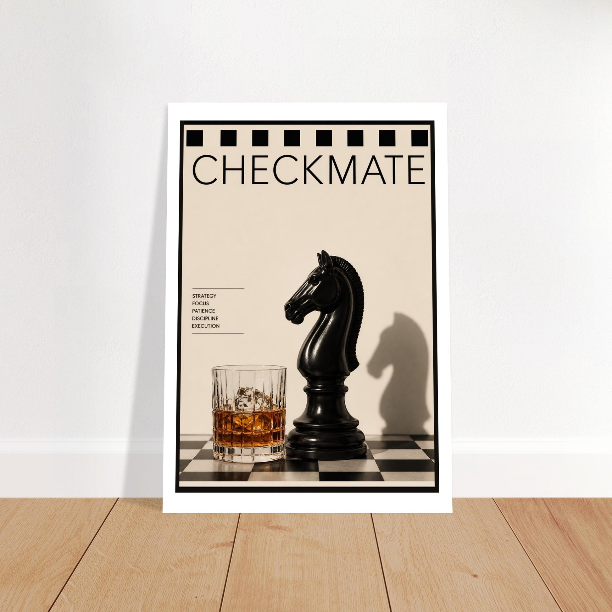 Poster with a black chess piece, glass of whiskey, and 'Checkmate' text on a checkered background.