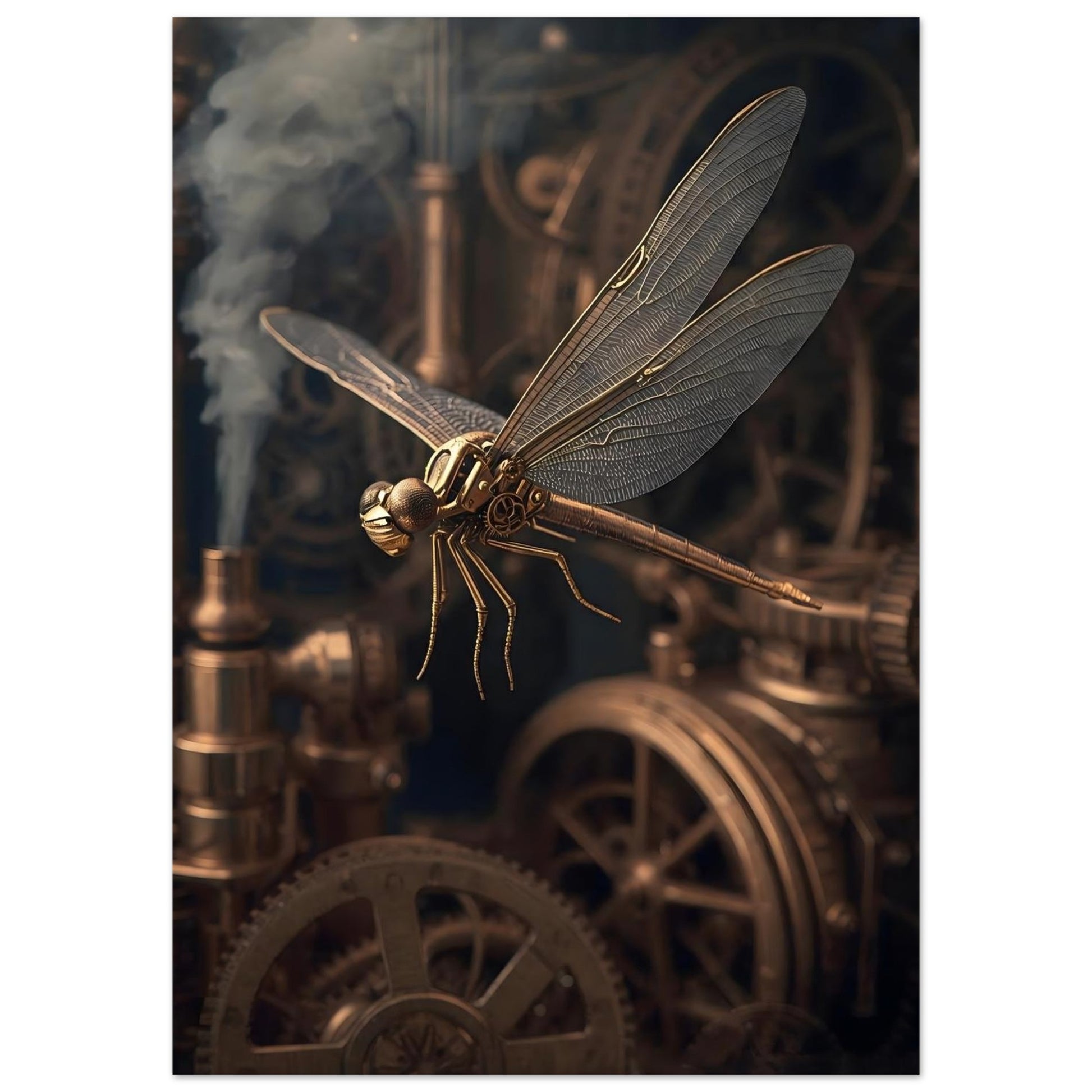 Bronze dragonfly sculpture on a steampunk background with gears and smoke.