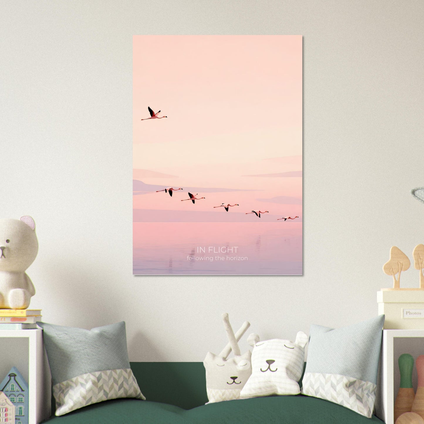 Flamingo wall art displayed in a contemporary bedroom, bringing calming pastel colours and minimalist design to the space.