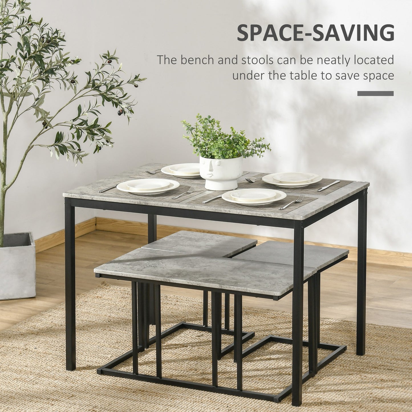 Dining Table Set, Concrete Effect Kitchen Table and Chairs for 4 People, Grey