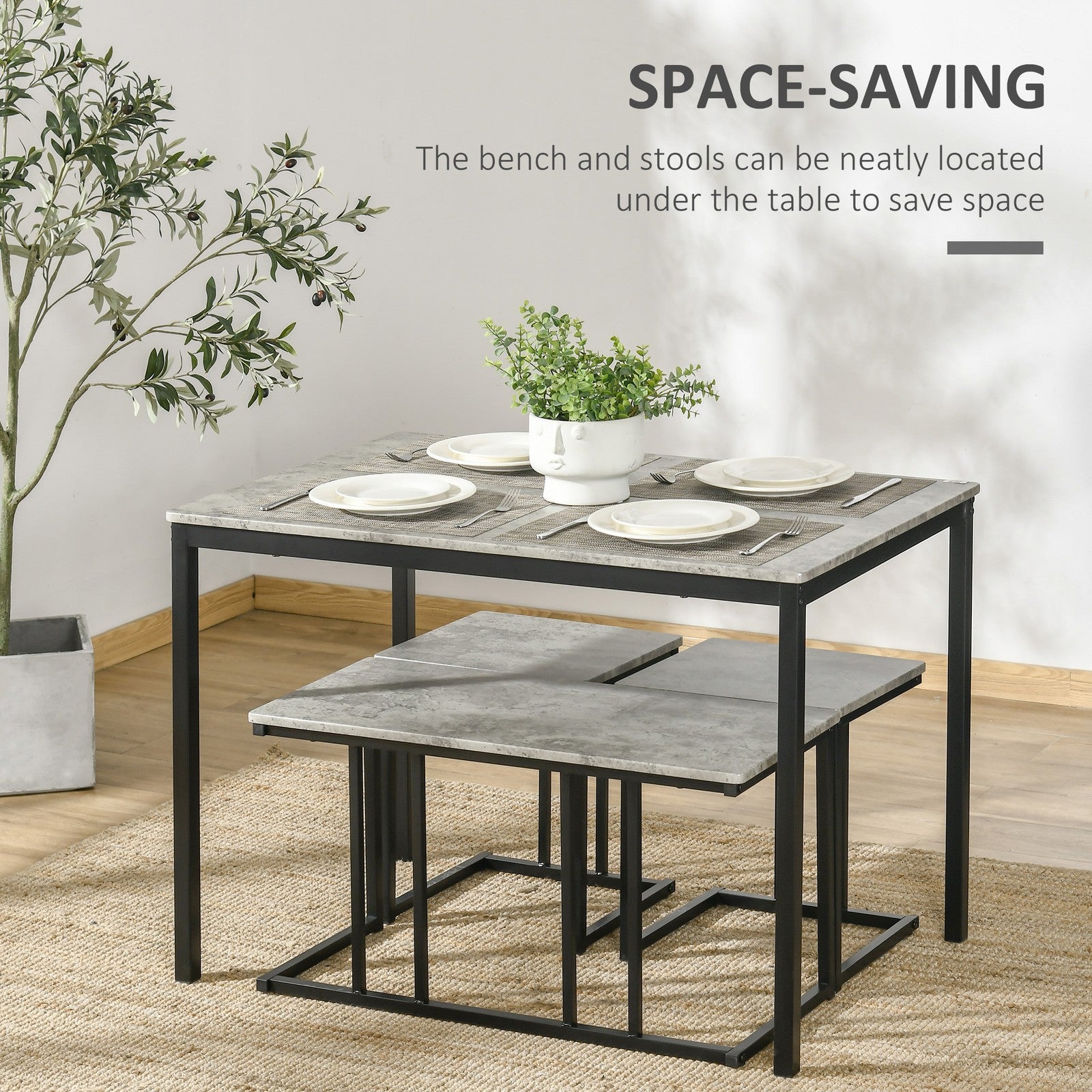 Dining Table Set, Concrete Effect Kitchen Table and Chairs for 4 People, Grey