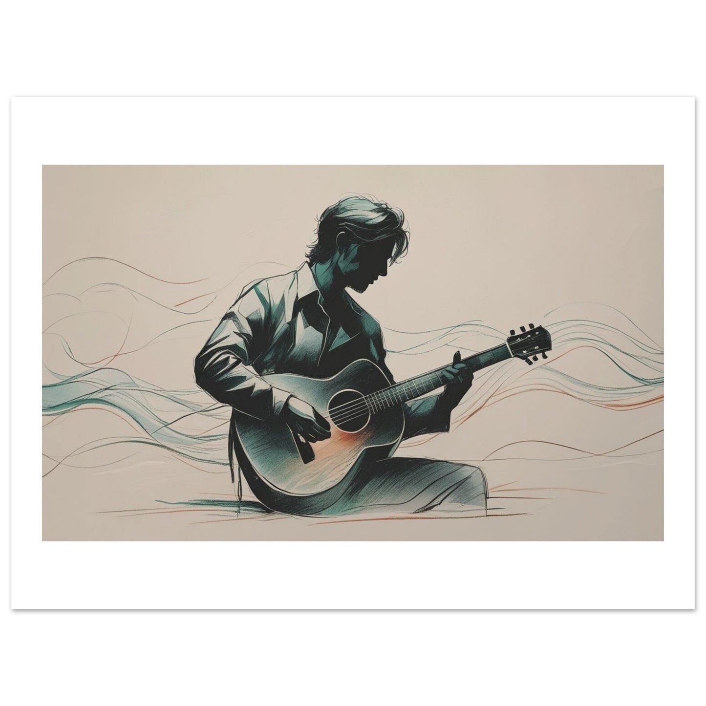 Illustration of a person playing an acoustic guitar with wavy lines on a beige background