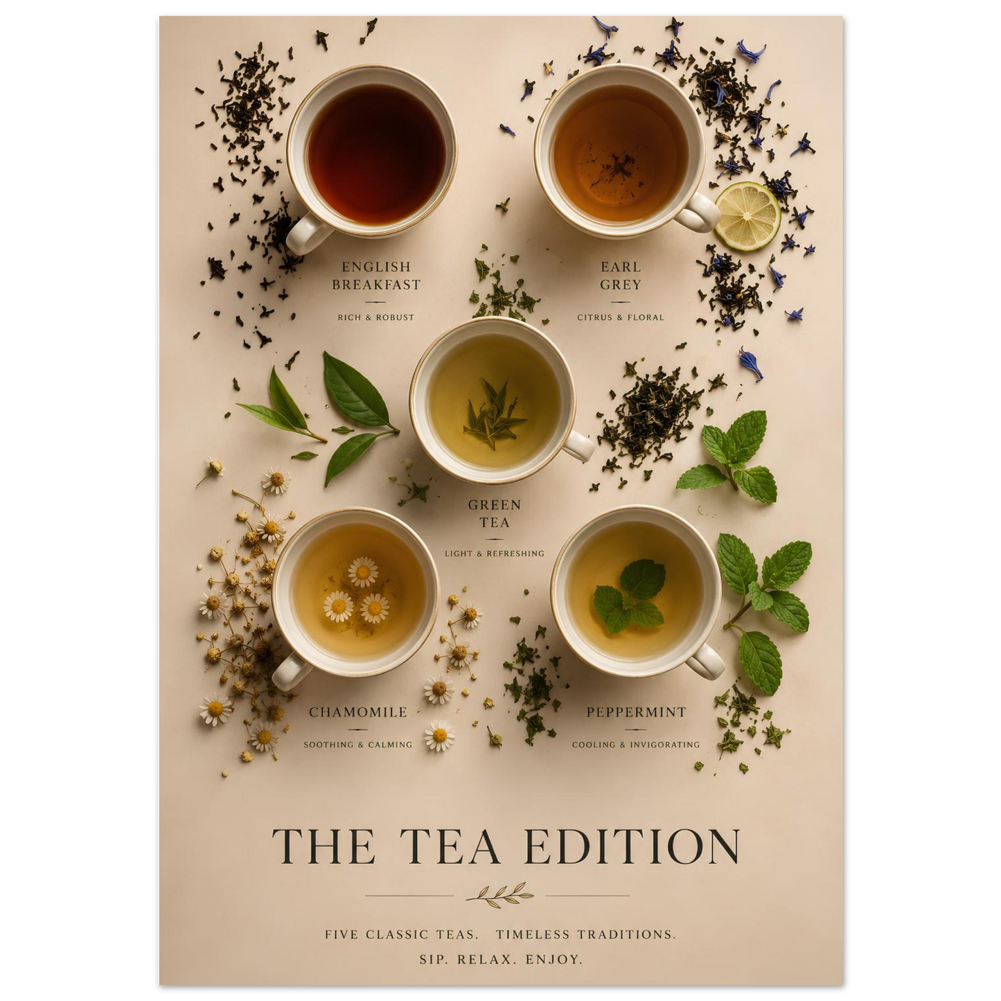 Tea Edition Poster close-up showing five classic teas with botanical elements, loose tea leaves and warm neutral tones.