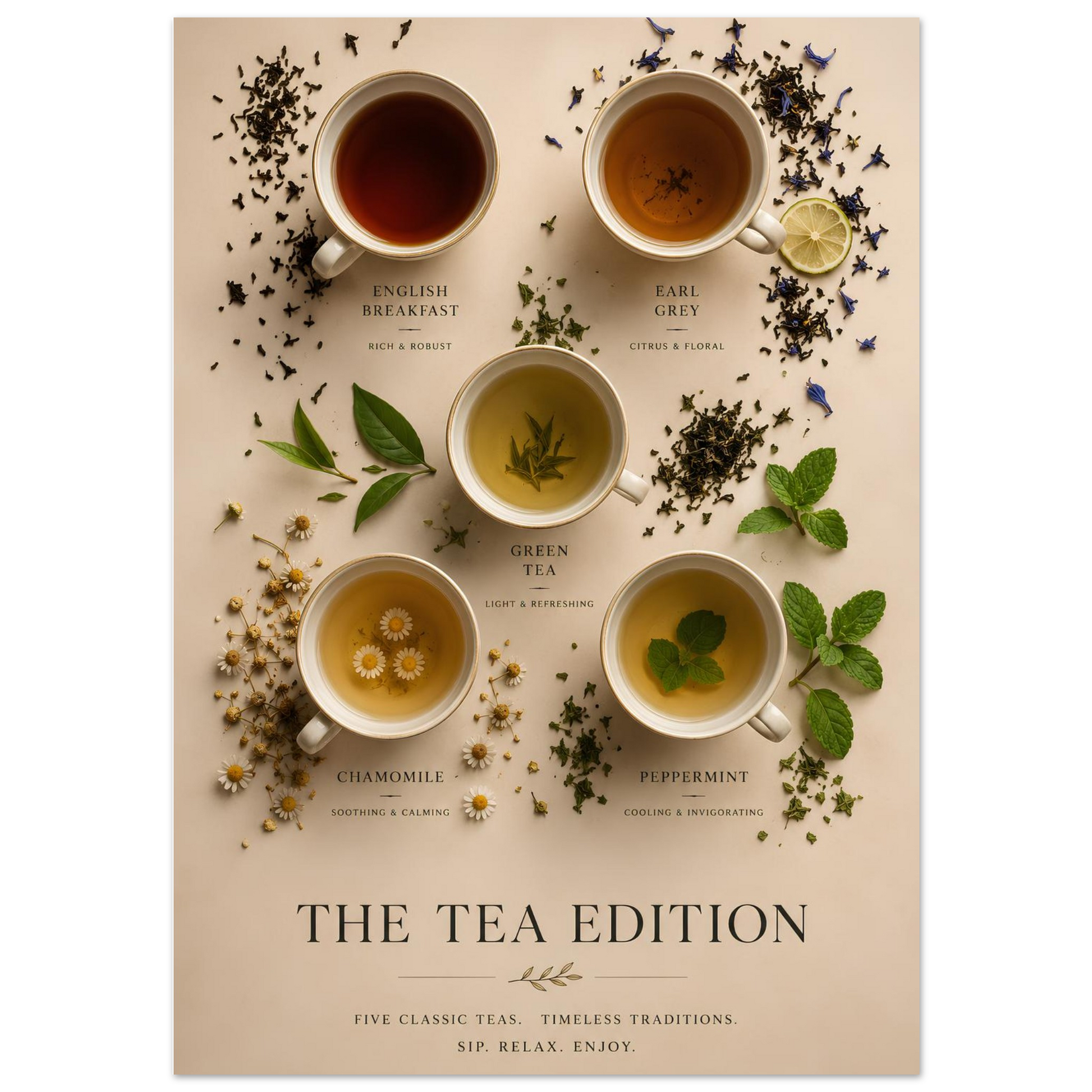 Tea Edition Poster close-up showing five classic teas with botanical elements, loose tea leaves and warm neutral tones.