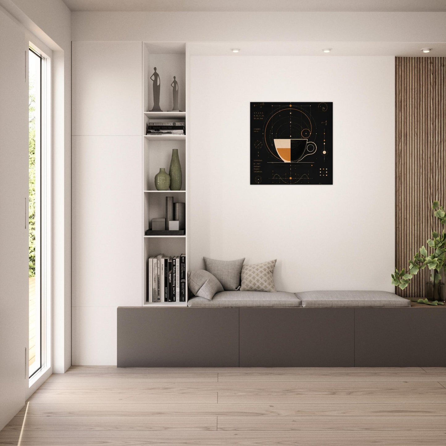 Contemporary geometric coffee artwork displayed in a bright minimalist living room.