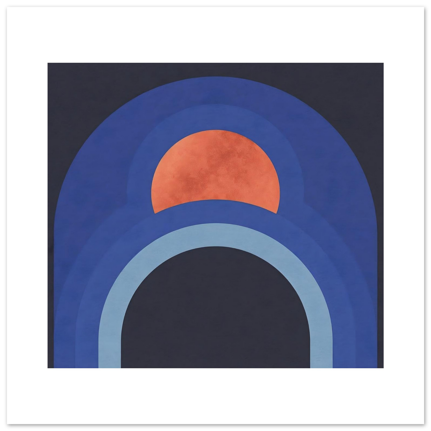 Close-up of modern abstract arch wall art with warm terracotta sun detail