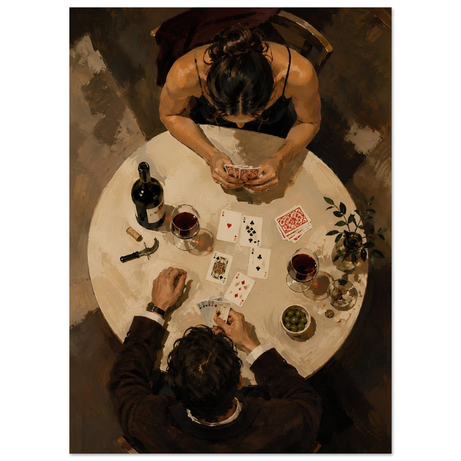 Bird's-eye couple playing cards art print featuring wine and warm brown and cream tones.