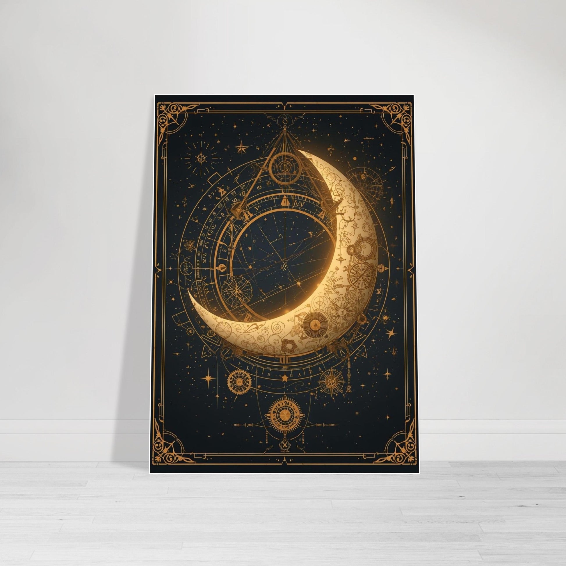 Decorative poster with celestial design featuring a moon and stars on a black background.