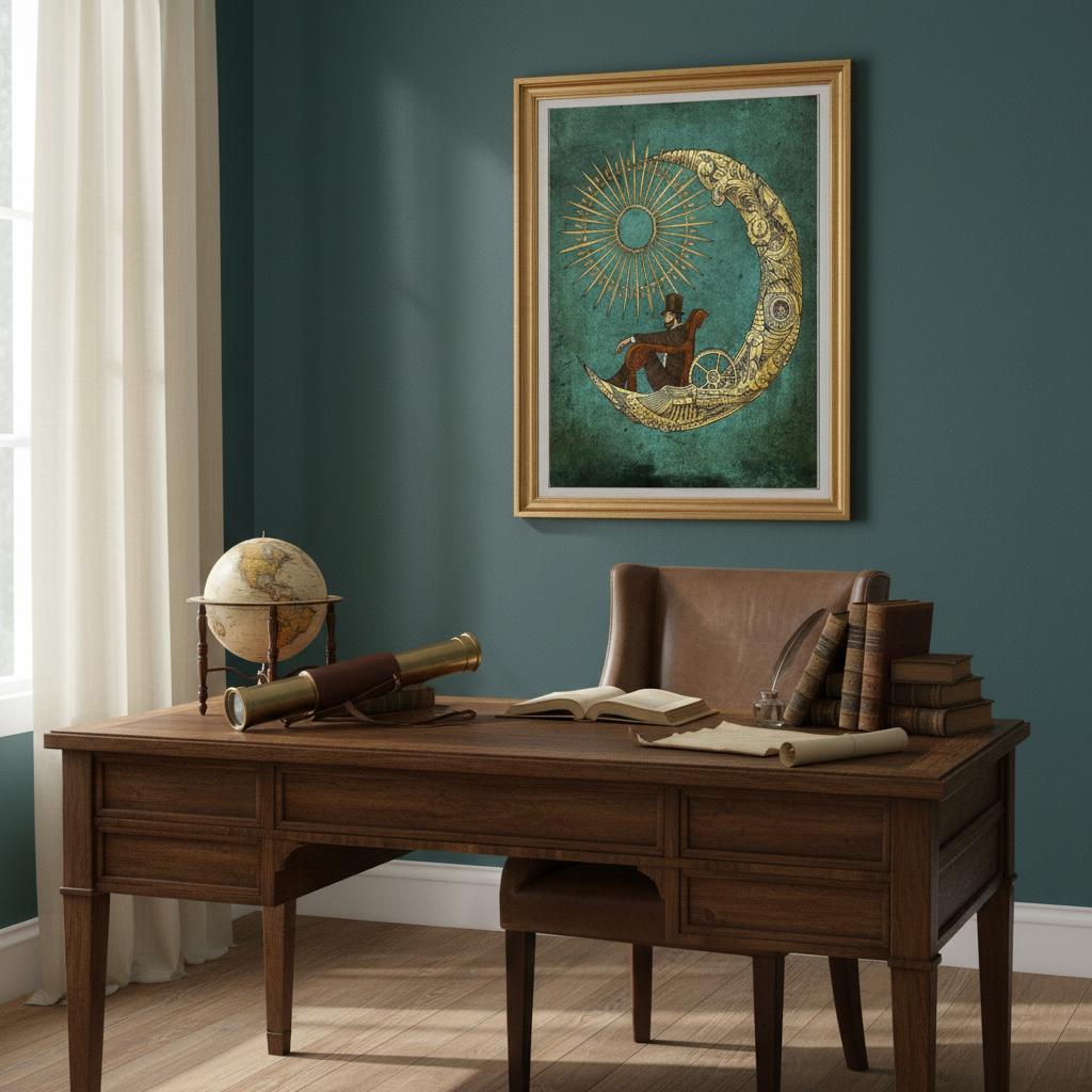 Wooden desk with leather chair, globe, and books against a teal wall with framed artwork.