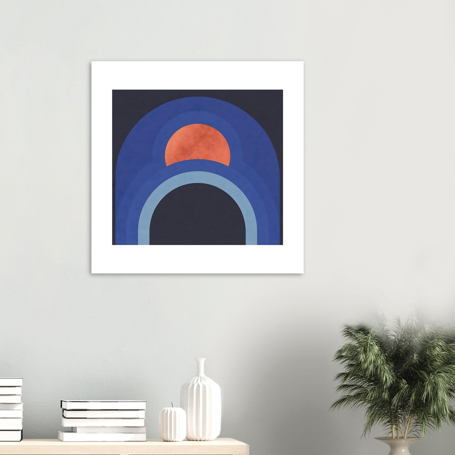 Minimalist blue and terracotta art print in Scandinavian style room