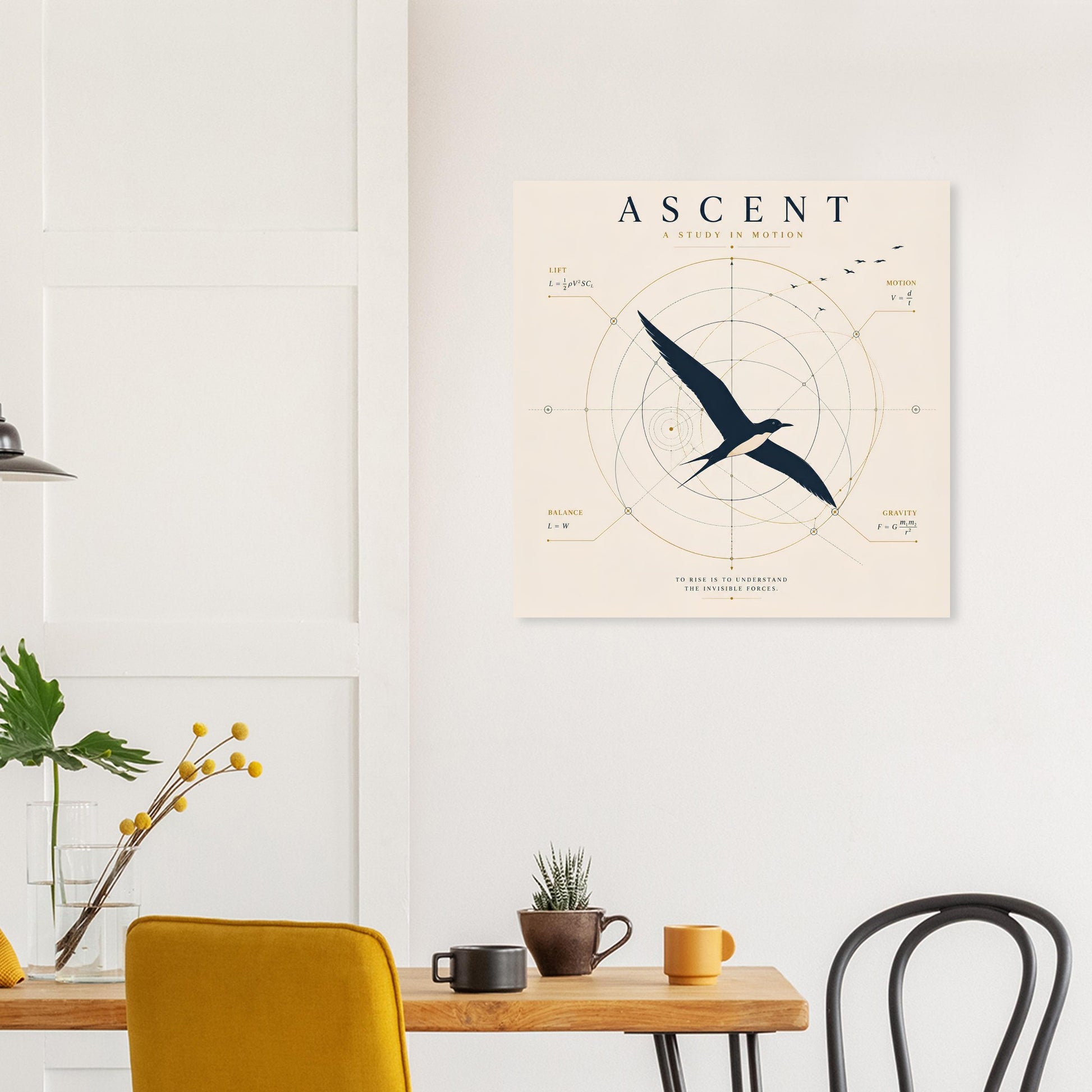 Minimalist flight-inspired bird wall art displayed in a bright dining space with modern furniture and natural light.