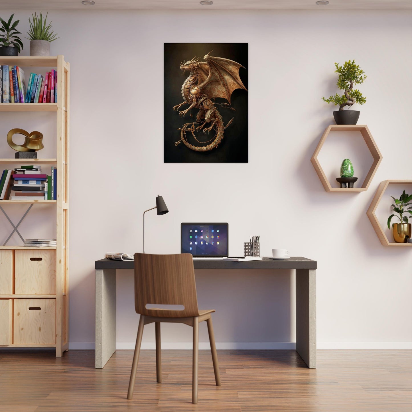 Modern home office with a desk, chair, and decorative elements.