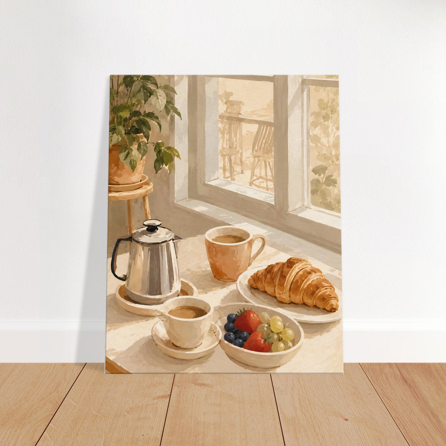 Canvas print of a breakfast scene with coffee, croissants, and fruit on a wooden floor.