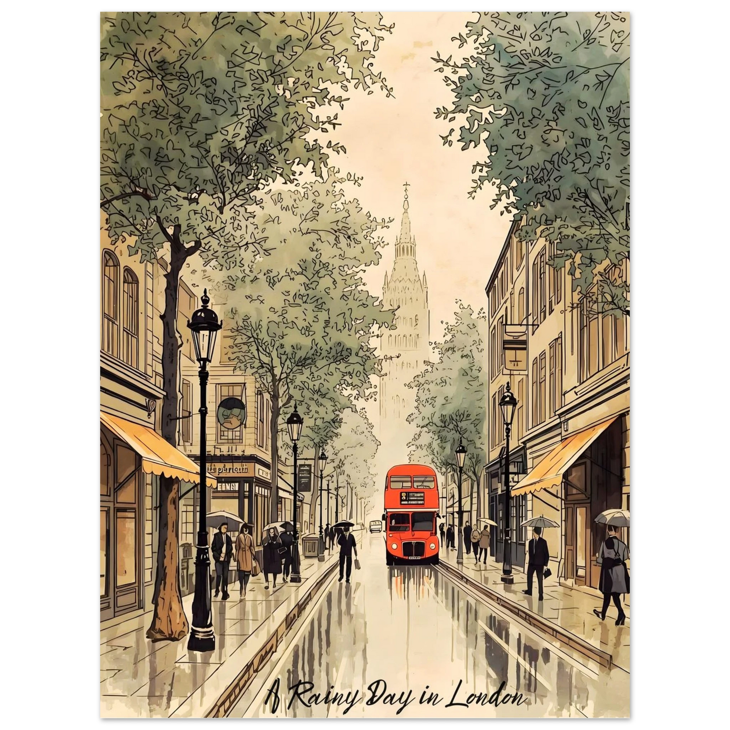 Illustration of a rainy day in London with a red double-decker bus and people with umbrellas.