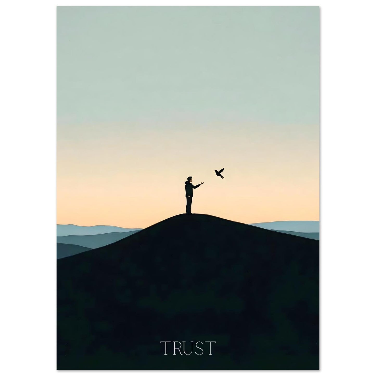 Silhouette of a person on a hill with a bird, set against a gradient sky with 'TRUST' at the bottom.