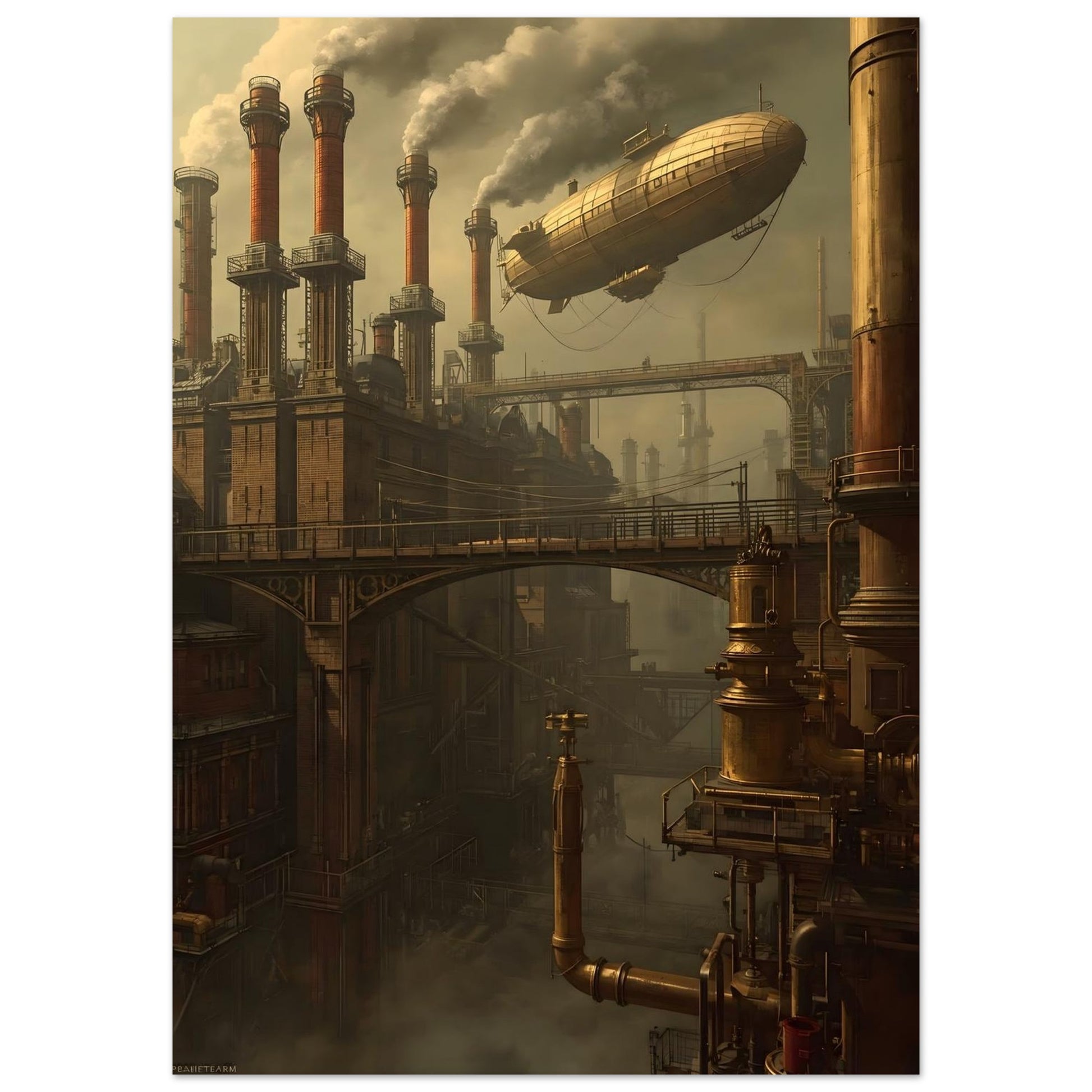 Steampunk-style cityscape with a dirigible and industrial buildings.