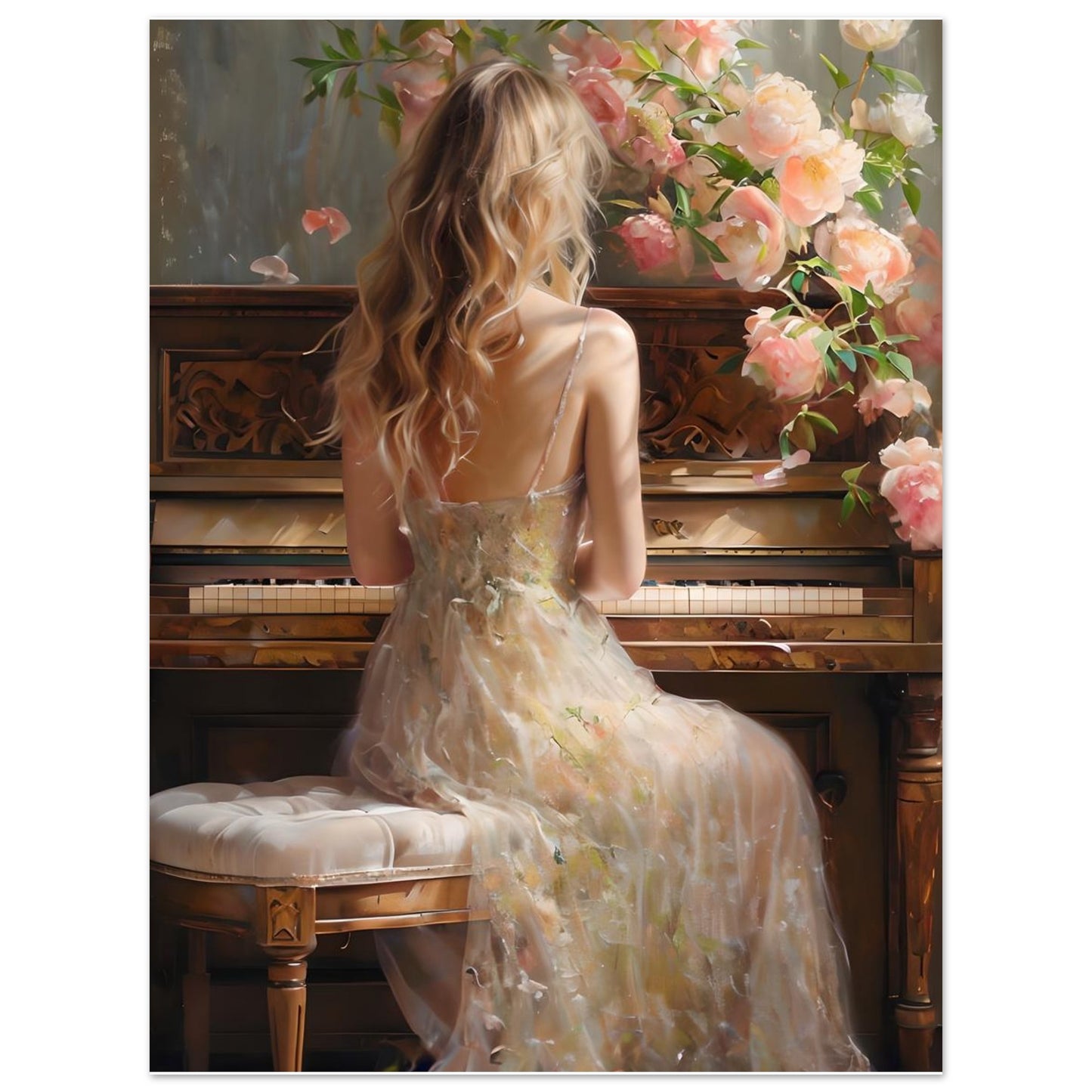 Romantic Piano Poster – Vintage Art Print of Woman with Flowers