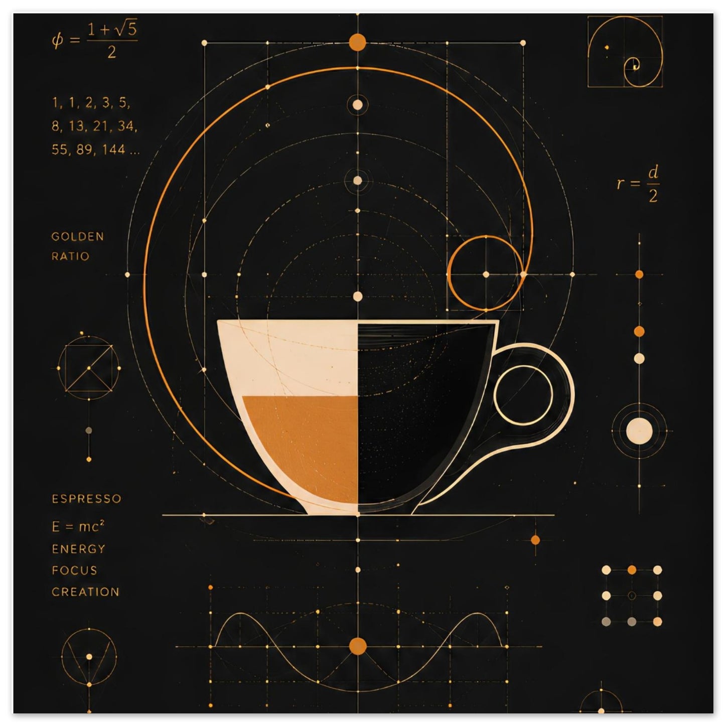 Design of a coffee cup with geometric and mathematical elements on a black background