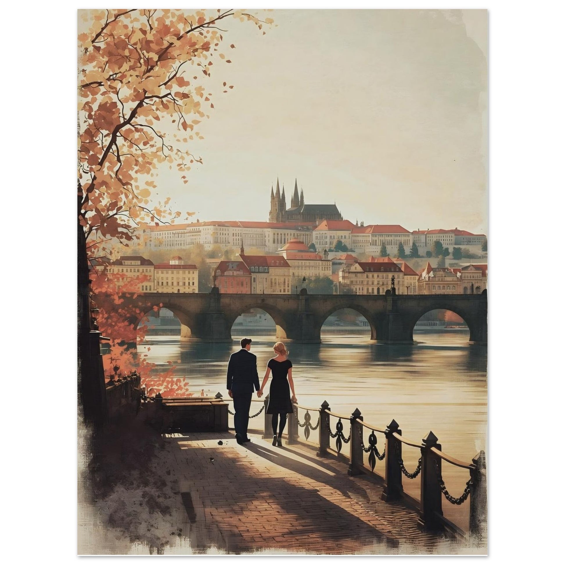 Romantic Prague poster with Charles Bridge and castle skyline at sunset