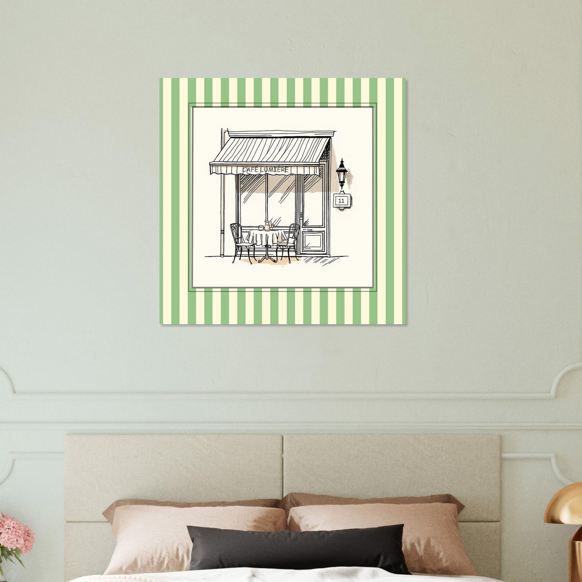 Lifestyle mockup of Café Lumière Paris art print displayed in modern neutral interior